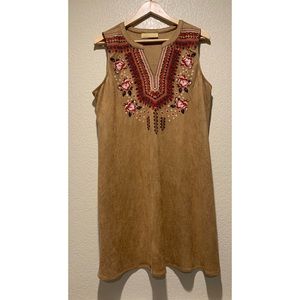Boho Faux Suede Embroidered Sleeveless Dress